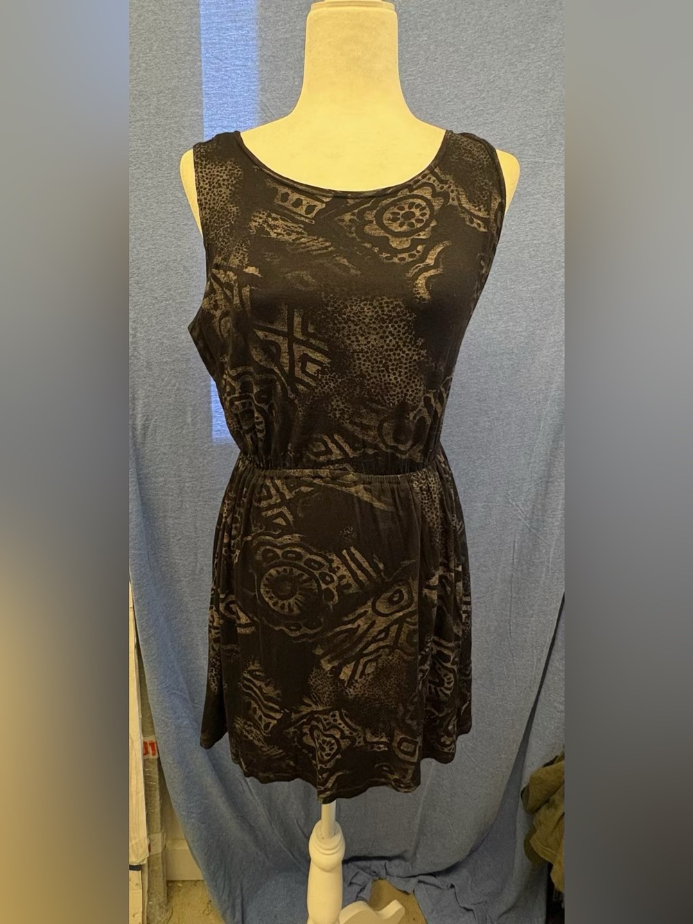 Sleeveless Black Patterned Elastic-Waist Women's Dress
